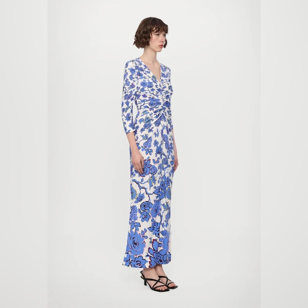 NEW DVF Alba China Vine Degrade Blue White Floral Ruched Midi Maxi Dress Bump L